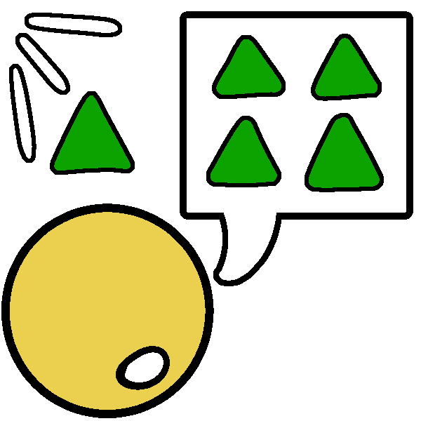 A simplified drawing of a person hearing a green triangle, and then repeating it in a speech bubble. 